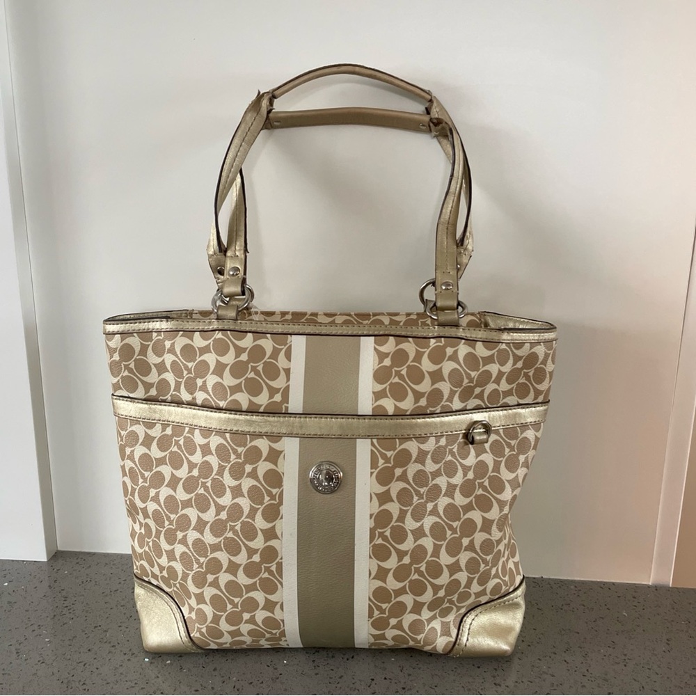 Coach Heritage Stripe Gold Tote Bucket Handbag Purse